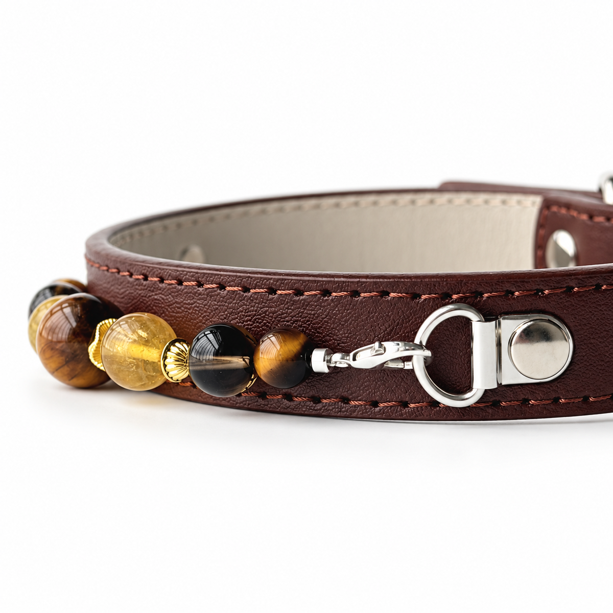 Chestnut Tiger Eye Pet Collar - bead and strap detail