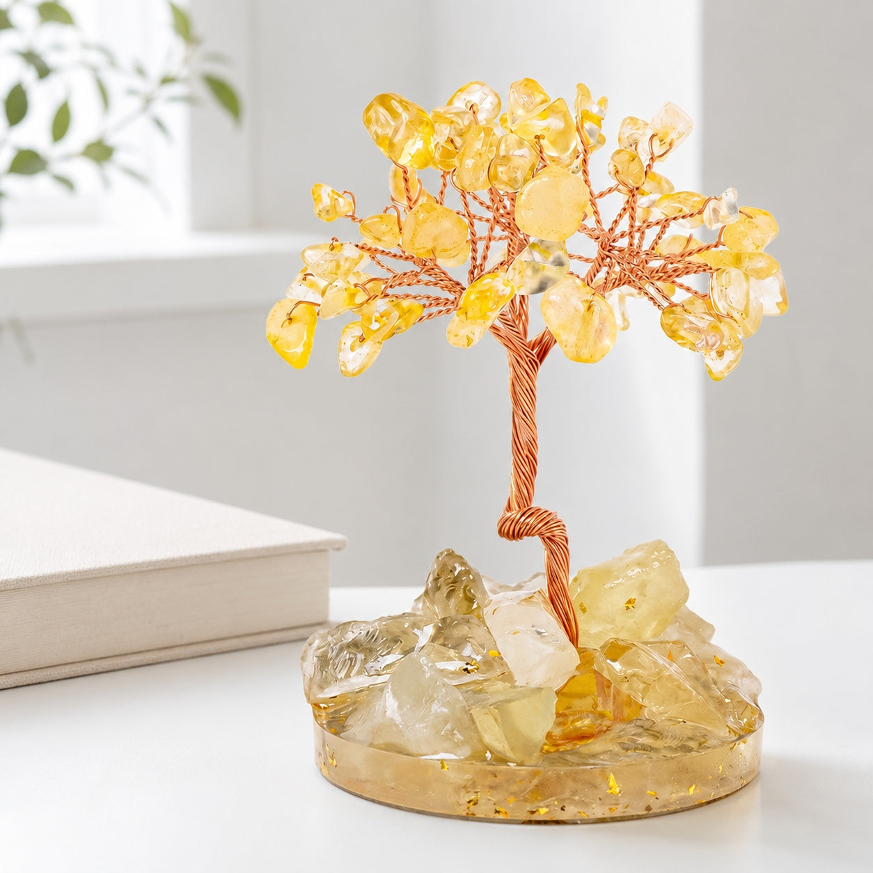 Citrine crystal tree of life decor with golden yellow gemstone chips