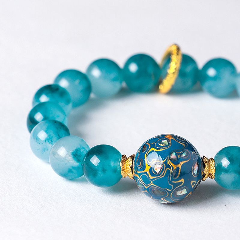 Natural Blue Chalcedony Beaded Bracelet with Handmade Lacquer Bead | Vintage Artistic Jewelry