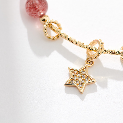 Natural Strawberry Quartz & Moonstone Bracelet with Gold Star Charm | Dainty Crystal Jewelry