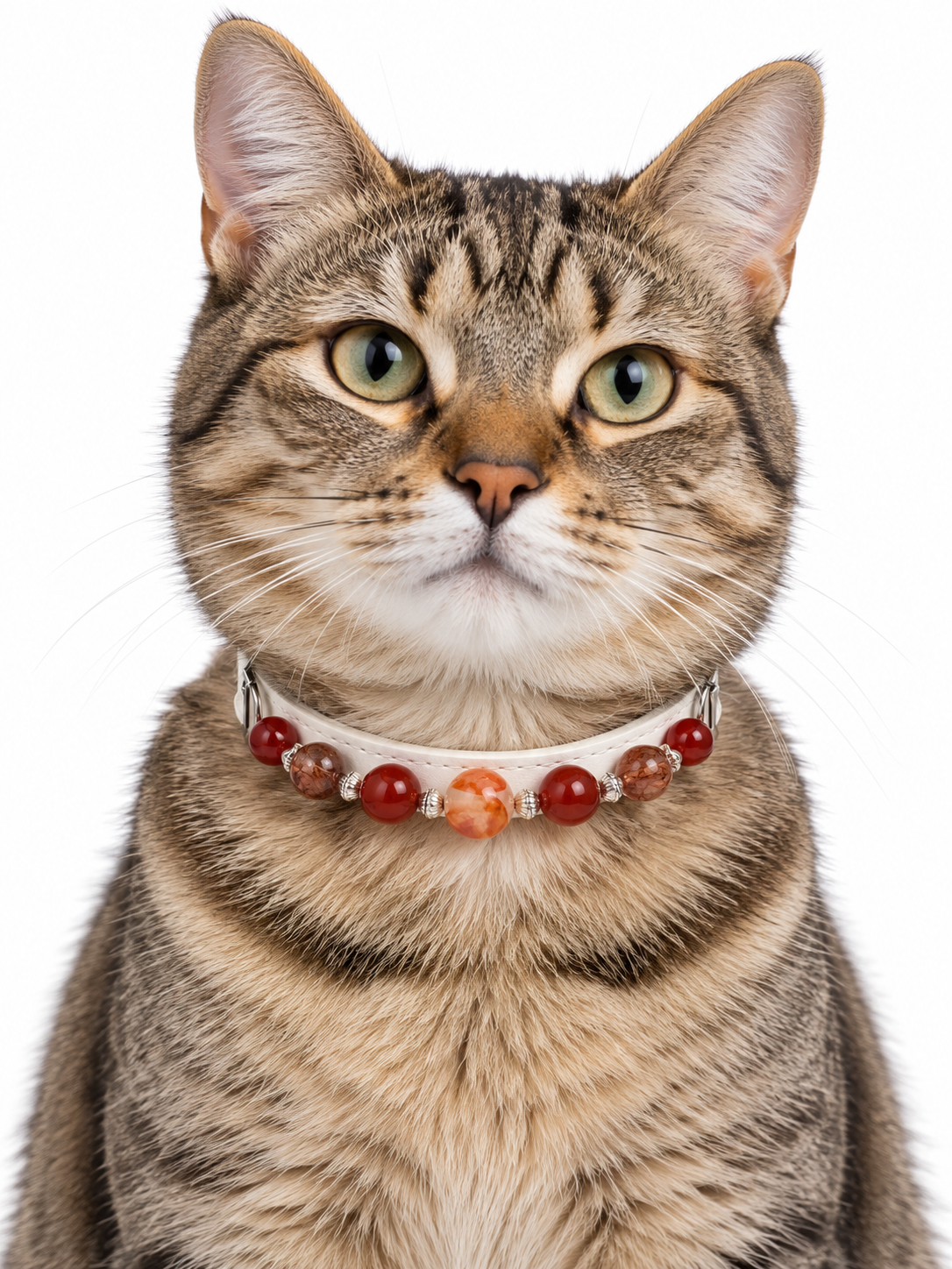Crimson Grove Human & Pet Match — tabby cat wearing the pet collar, AI styling illustration