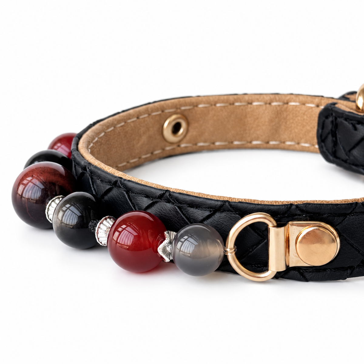 Crimson Midnight Beaded Pet Collar - bead and strap detail