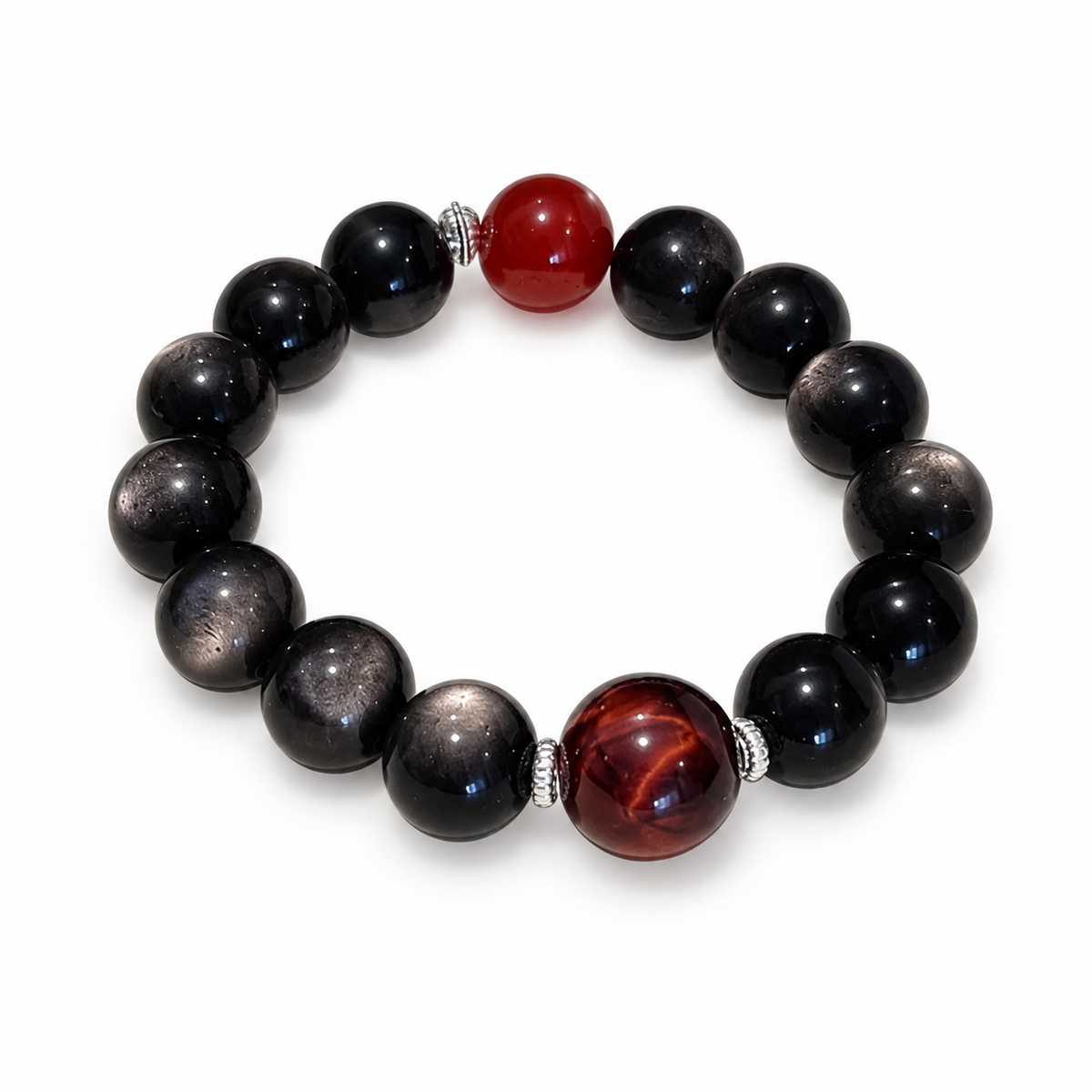 Crimson Midnight human bracelet with black beads and two red accents
