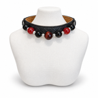 Crimson Midnight black quilted pet collar with red and black beads