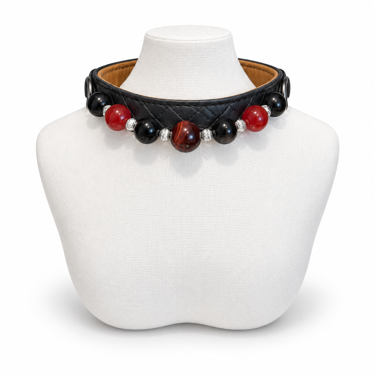 Crimson Midnight black quilted pet collar with red and black beads