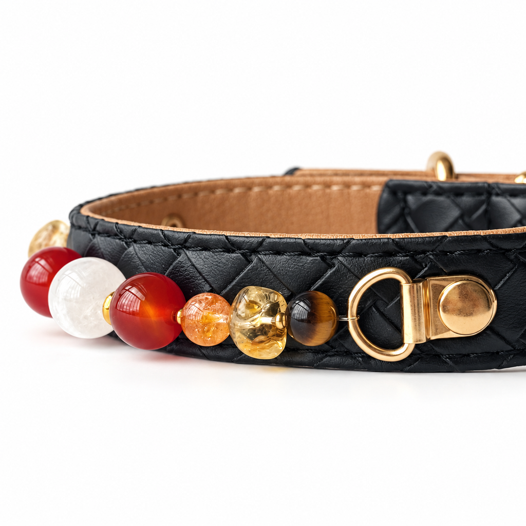 Crimson Snow Beaded Pet Collar - bead and strap detail