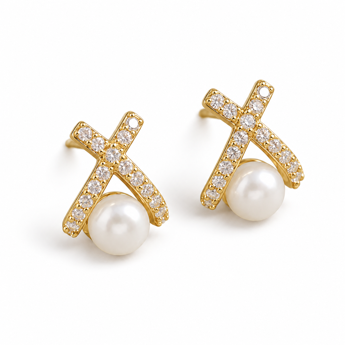 Crossed Ribbon Pearl Stud Earrings - alternate view