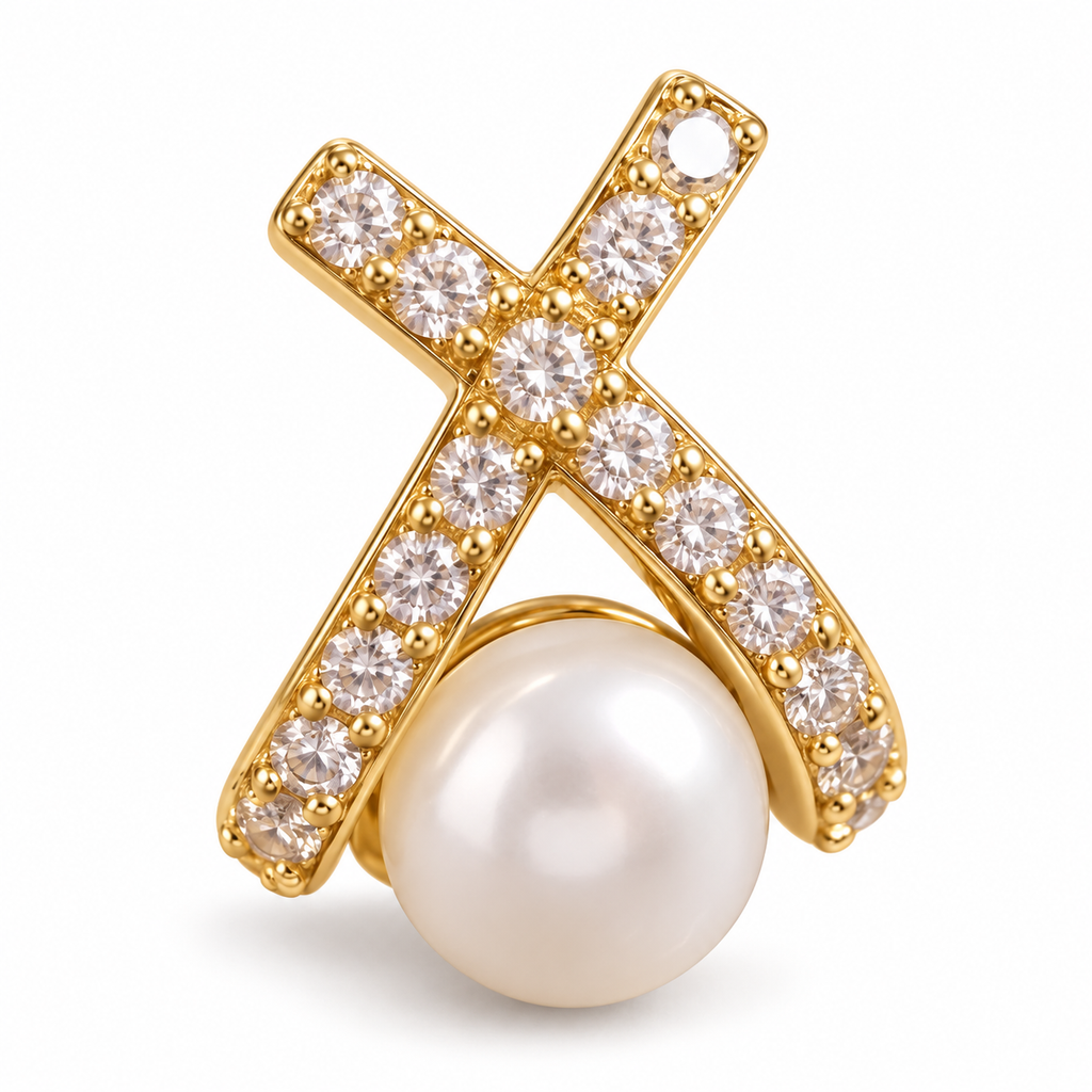 Crossed Ribbon Pearl Stud Earrings - close detail