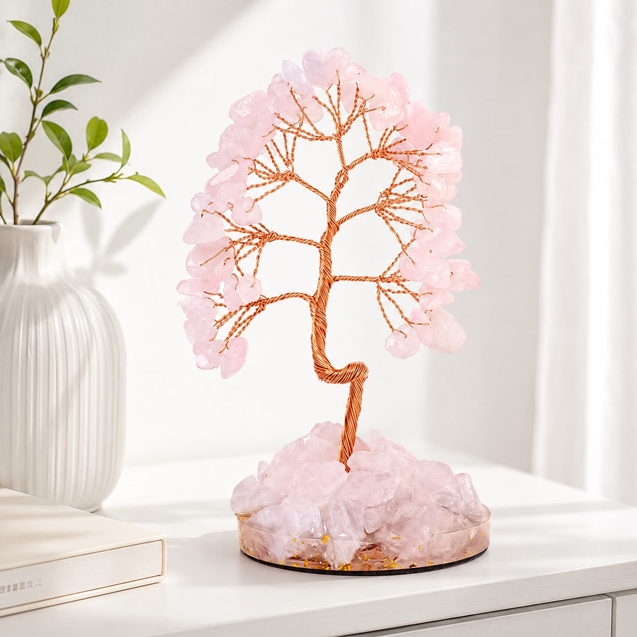 Rose quartz crystal tree of life decor with copper wire branches
