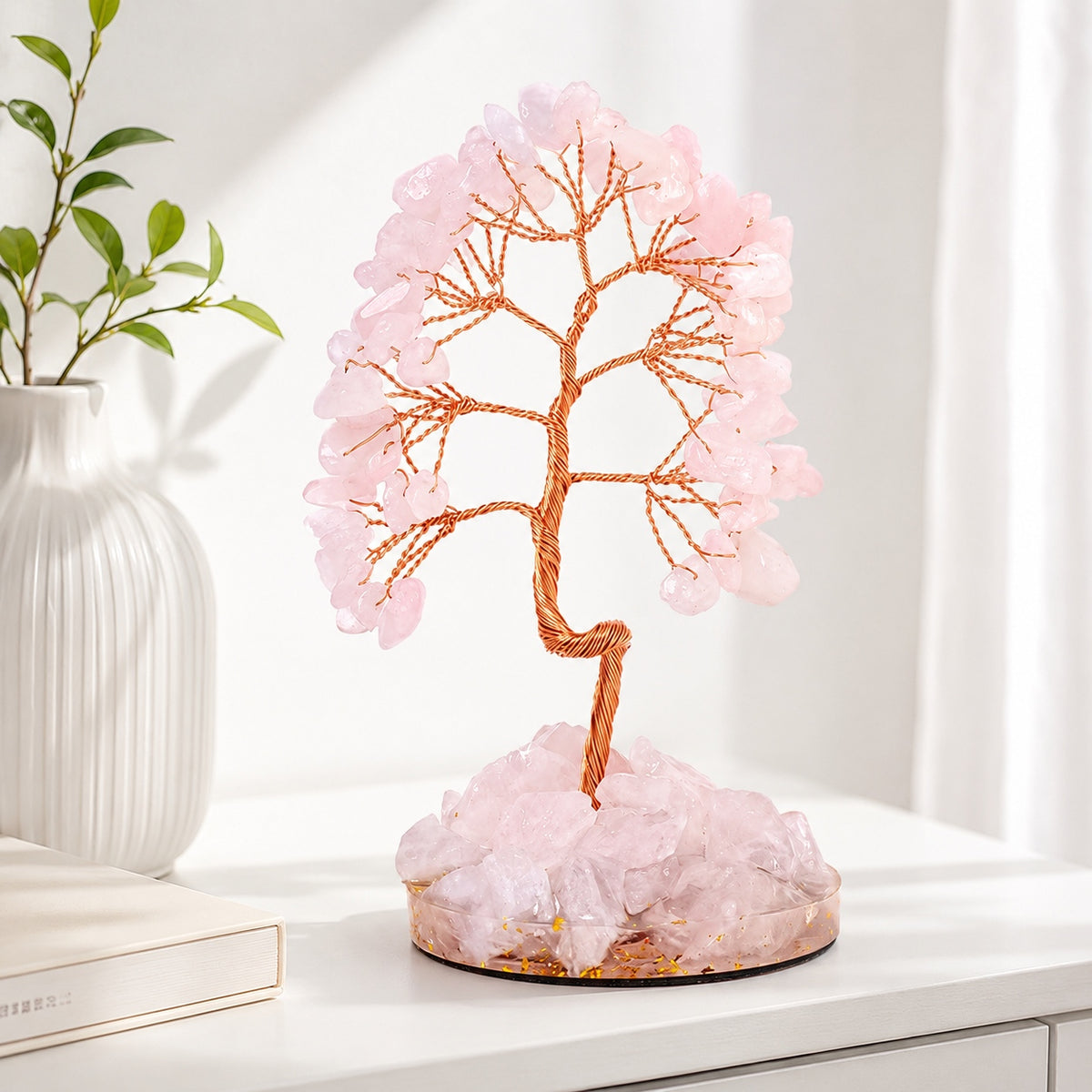 Rose quartz crystal tree of life decor with copper wire branches