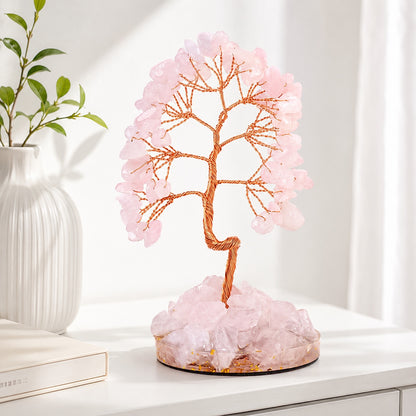 Rose quartz crystal tree of life decor with copper wire branches