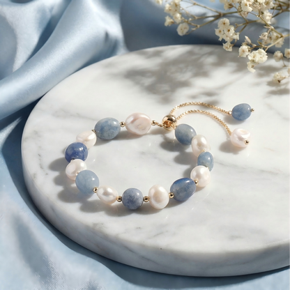 Natural Blue Aventurine & Freshwater Pearl Adjustable Bracelet | Elegant Healing Jewelry
