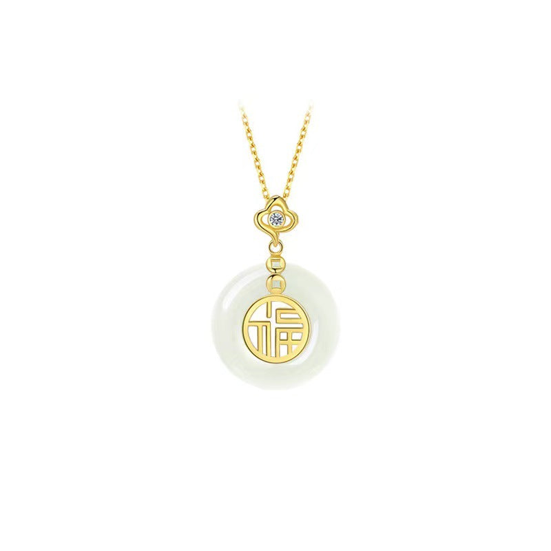 Authentic White Hetian Jade "Ping An Kou" Pendant | Gold "Fu" Fortune Necklace