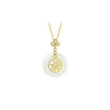 Authentic White Hetian Jade "Ping An Kou" Pendant | Gold "Fu" Fortune Necklace