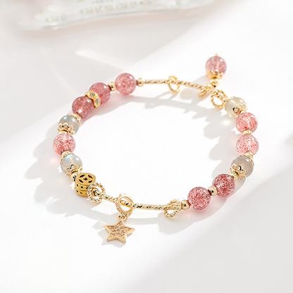 Natural Strawberry Quartz & Moonstone Bracelet with Gold Star Charm | Dainty Crystal Jewelry