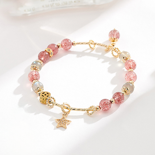 Natural Strawberry Quartz & Moonstone Bracelet with Gold Star Charm | Dainty Crystal Jewelry
