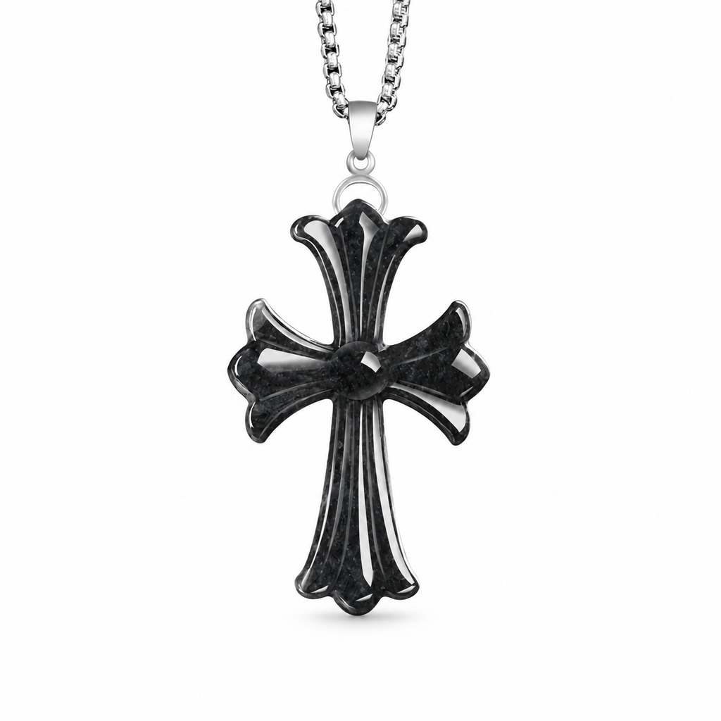 Dark Sculpted Cross Pendant Necklace — front with chain