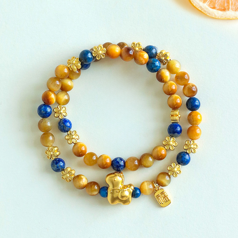 Natural Golden Tiger Eye Double Wrap Bracelet with Fortune Charms | Protection & Wealth Jewelry