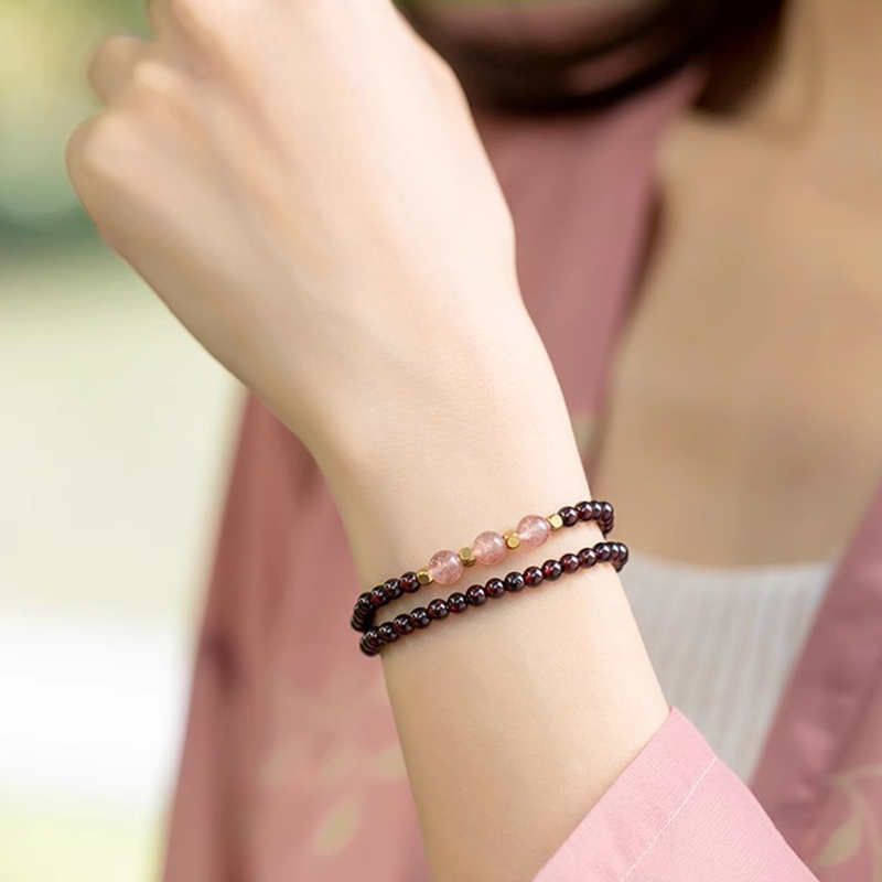 Natural Wine Red Garnet Double Wrap Bracelet with Pink Quartz | Dainty Crystal Jewelry