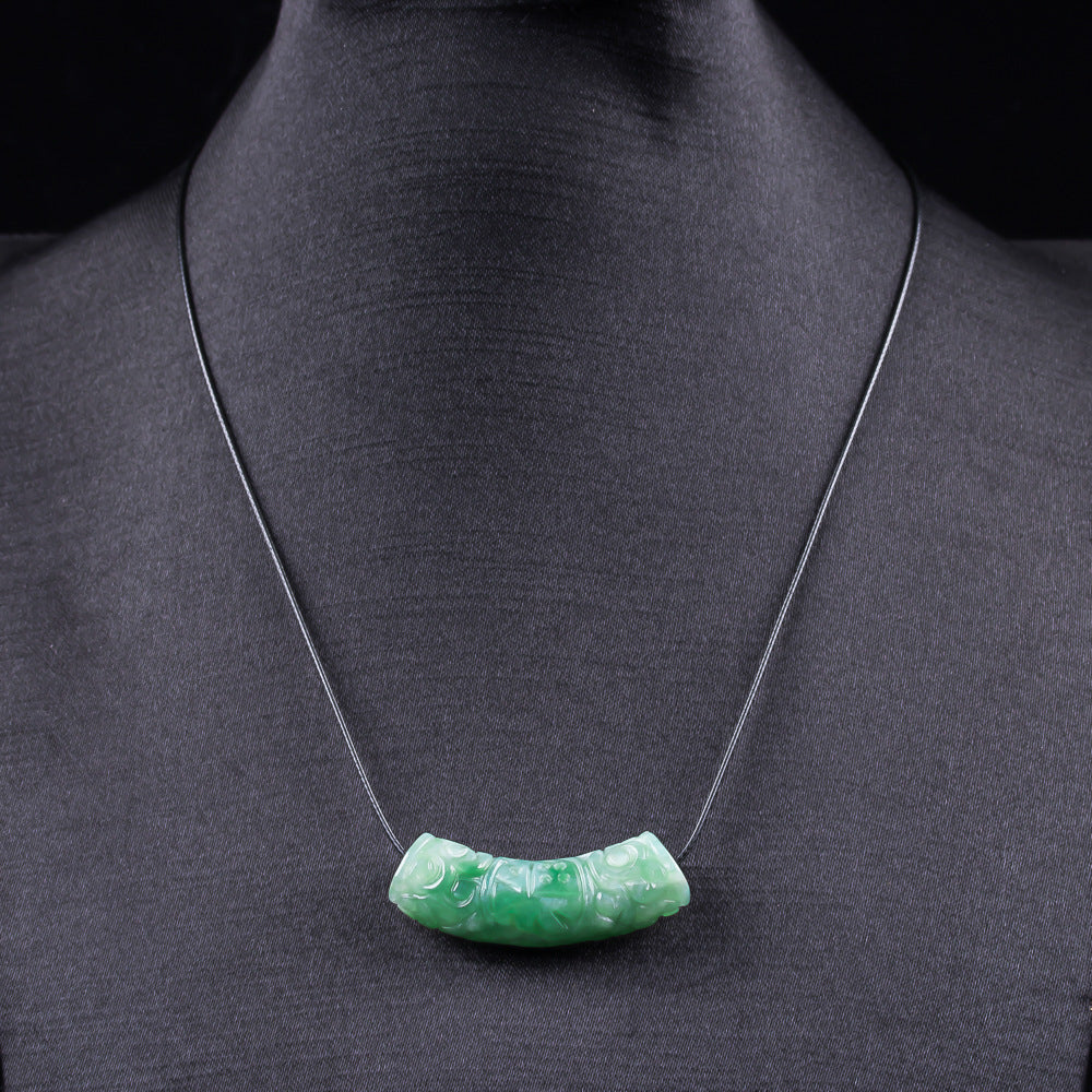 Authentic A type Jadeite Curved Tube Pendant | Auspicious Cloud & Fortune Necklace