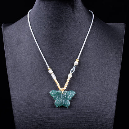 Authentic A type Icy Blue Water Jadeite Butterfly Pendant | Floral Carved Jade Necklace