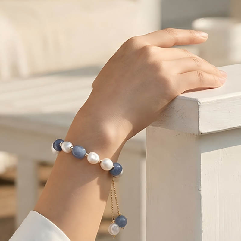 Natural Blue Aventurine & Freshwater Pearl Adjustable Bracelet | Elegant Healing Jewelry