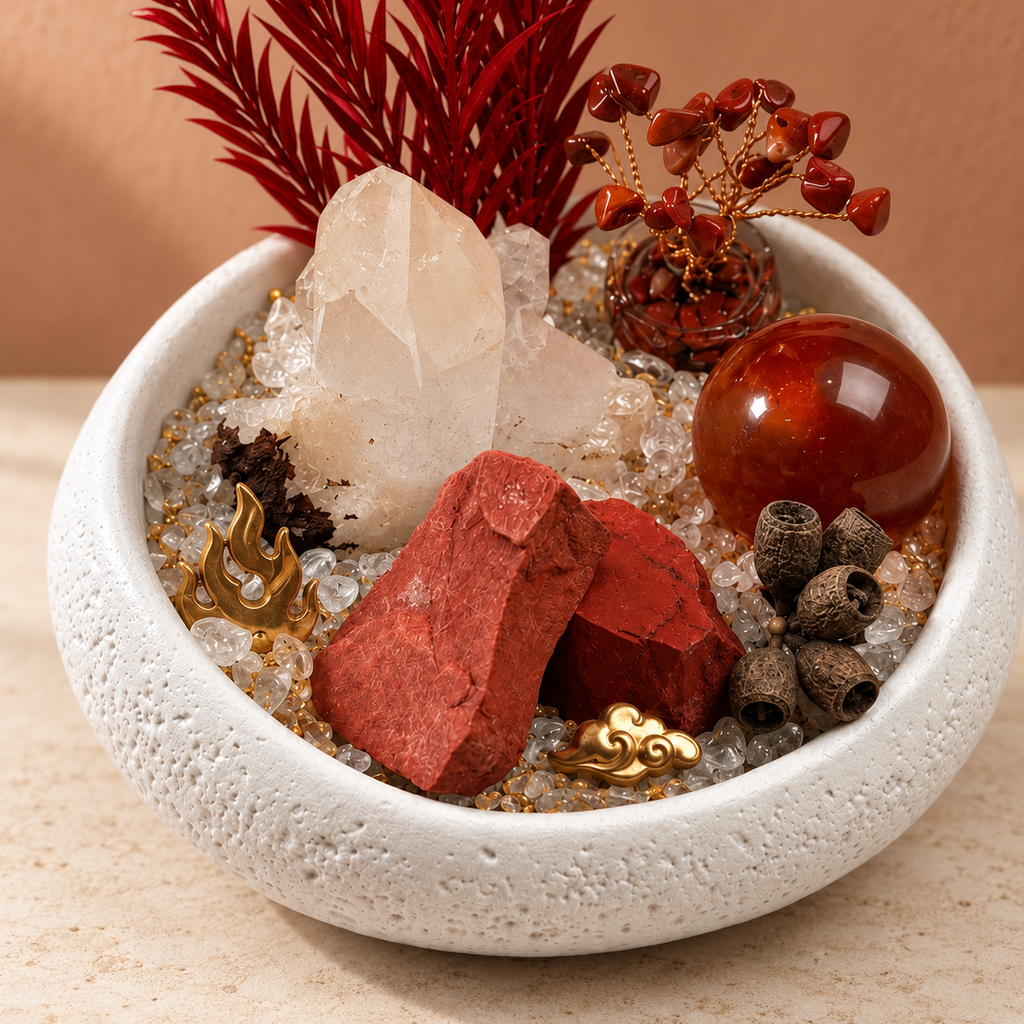 Ember Spirit Crystal Garden — foreground stones and bowl detail