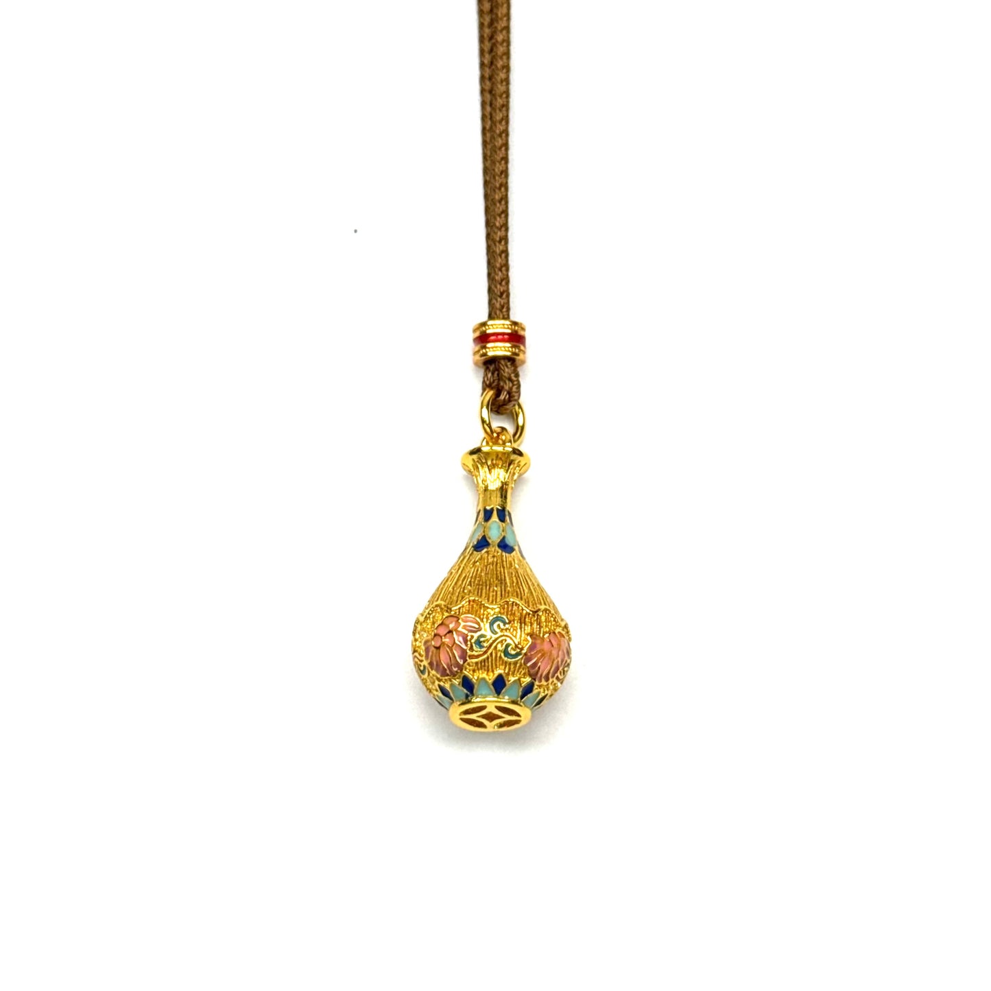 A front-view close-up of a Vietnam sand gold vase pendant, featuring intricate pink and blue enamel floral designs and a coin motif at the base, displayed against a pure white background.