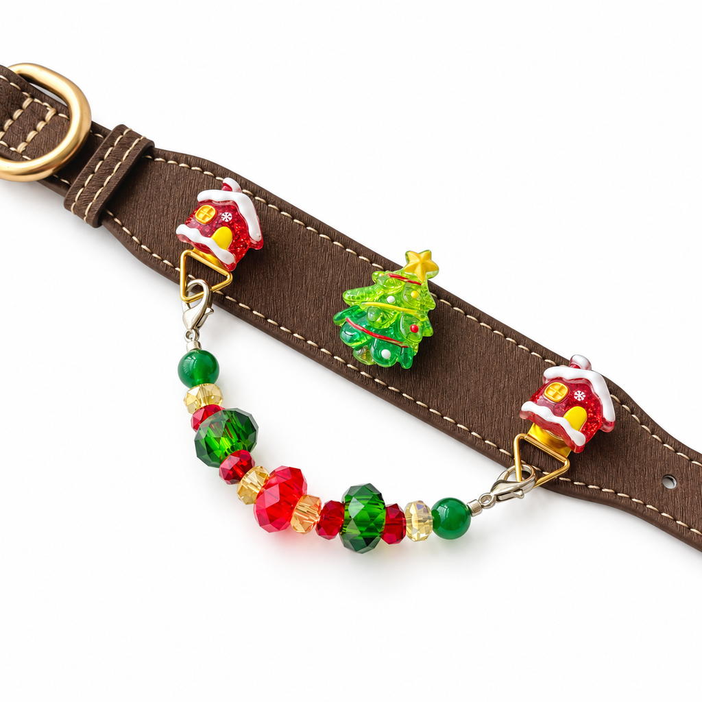 Evergreen Christmas Cocoa Beaded Pet Collar - flat lay view