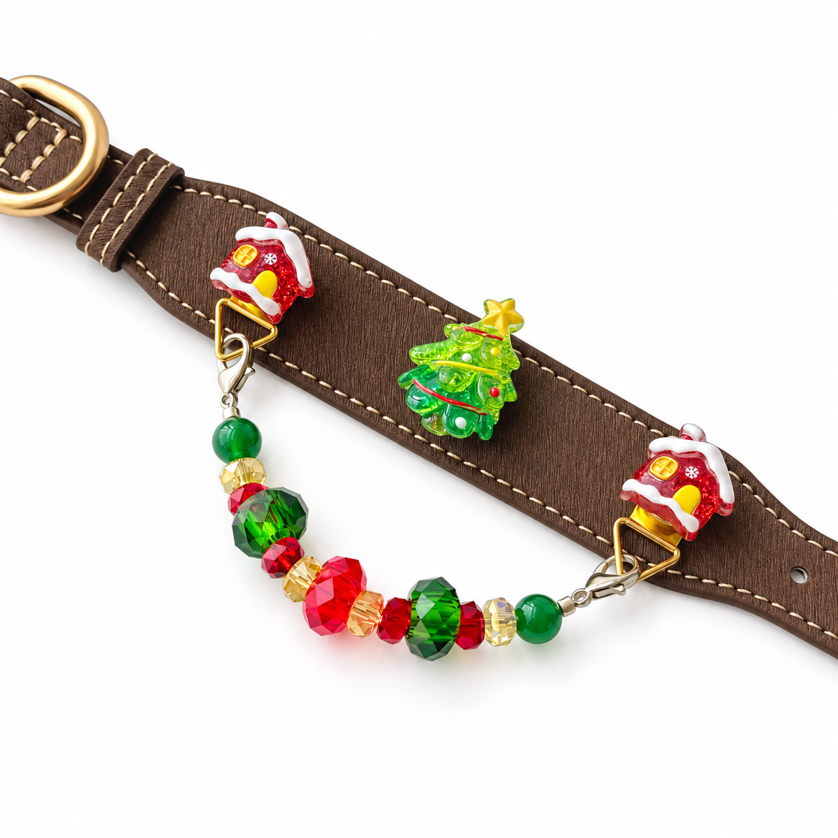 Evergreen Christmas Cocoa Beaded Pet Collar - flat lay view