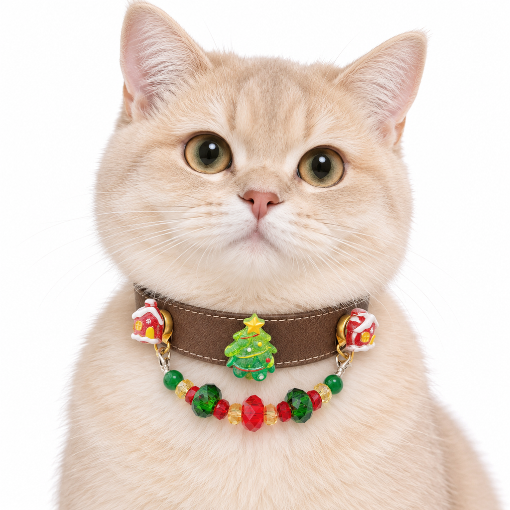 Evergreen Christmas Cocoa Beaded Pet Collar - AI pet wearing styling illustration