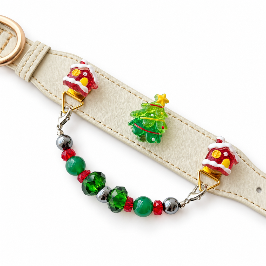 Evergreen Christmas Cream Beaded Pet Collar - flat lay view
