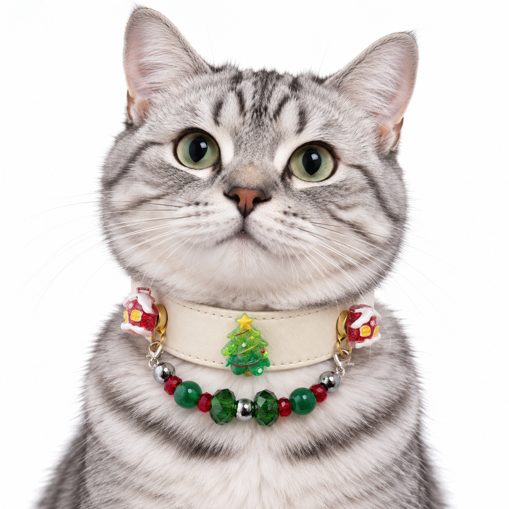 Evergreen Christmas Cream Beaded Pet Collar - AI pet wearing styling illustration