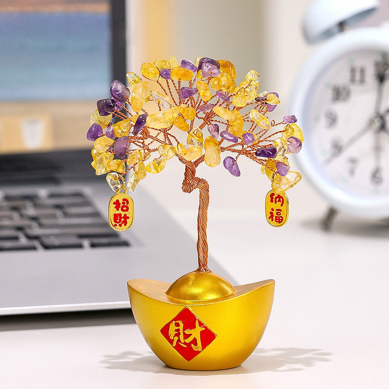 Yellow and purple crystal fortune tree decor with gold ingot base