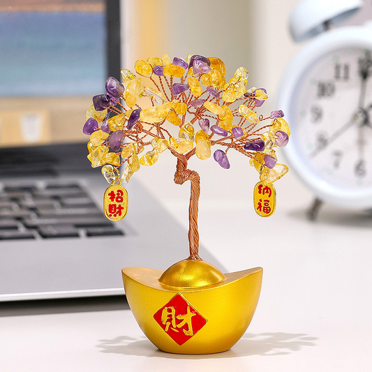 Yellow and purple crystal fortune tree decor with gold ingot base