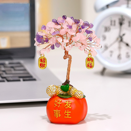 Pink and purple crystal fortune tree decor with prosperity base