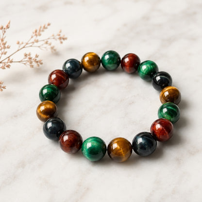Four-color tiger’s eye beaded bracelet displayed on a light surface