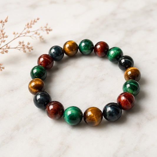 Four-color tiger’s eye beaded bracelet displayed on a light surface