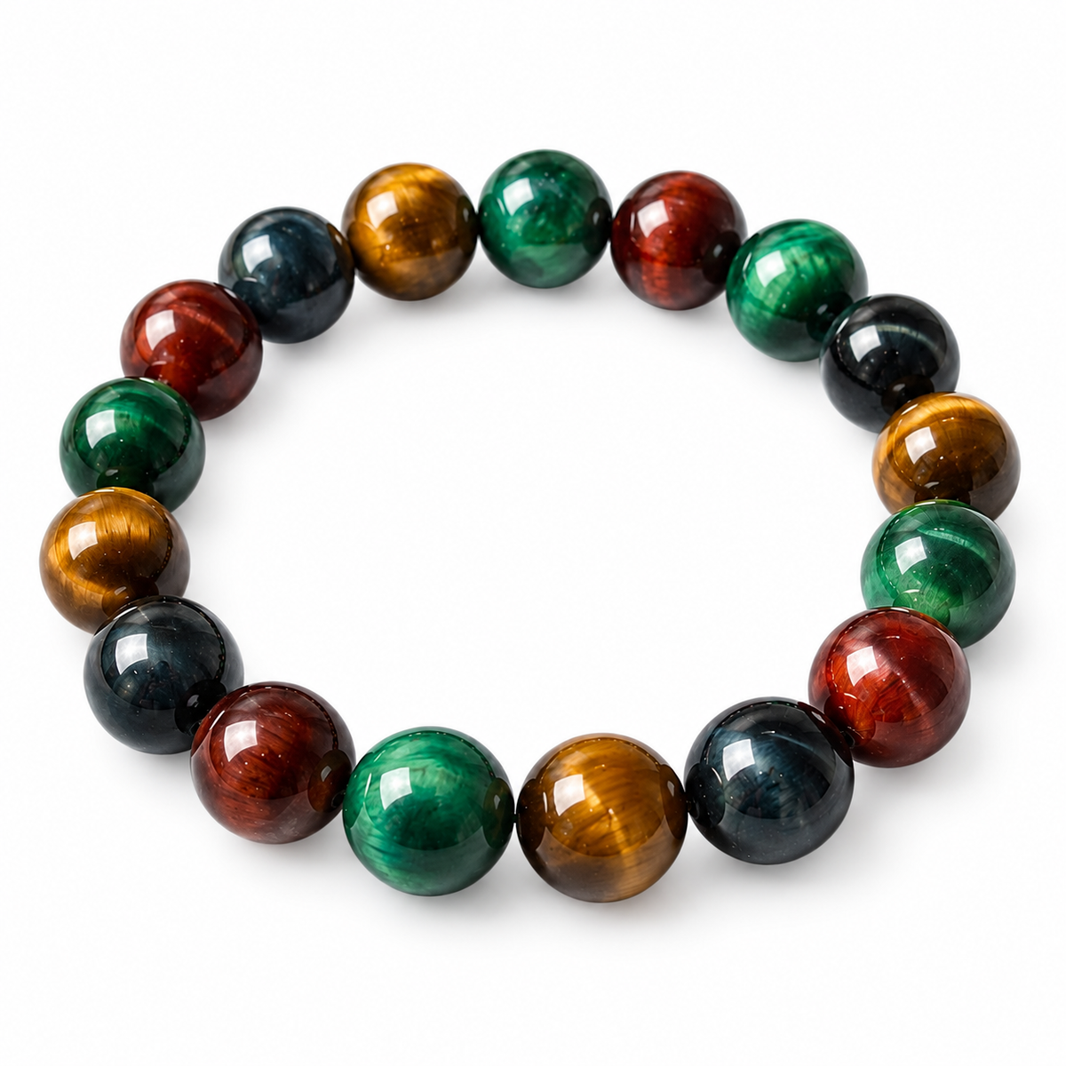 Four-Color Tiger’s Eye Beaded Bracelet — angled view