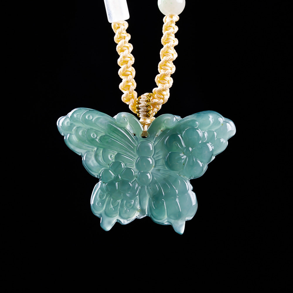 Authentic A type Icy Blue Water Jadeite Butterfly Pendant | Floral Carved Jade Necklace