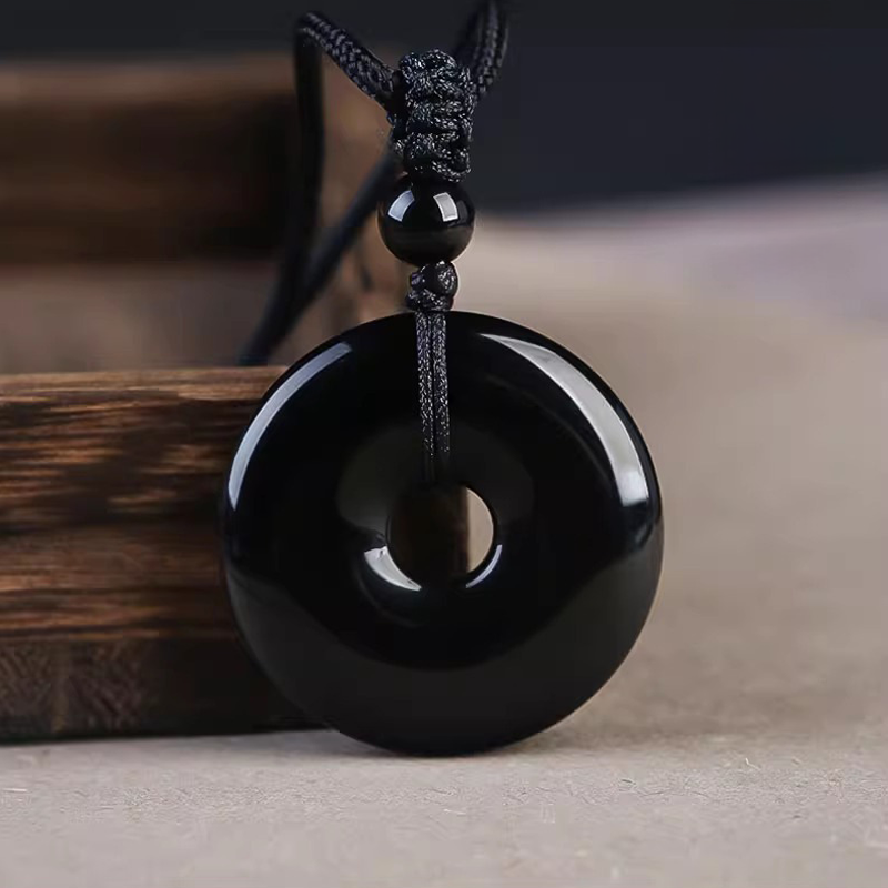 Natural Black Obsidian Donut Pendant Necklace | Ping An Kou Protection Amulet