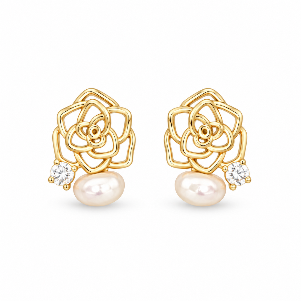 Gold Tone Rose Pearl Stud Earrings - pair view
