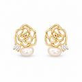 Gold Tone Rose Pearl Stud Earrings - pair view