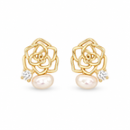 Gold Tone Rose Pearl Stud Earrings - pair view