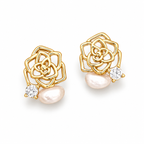 Gold Tone Rose Pearl Stud Earrings - alternate view