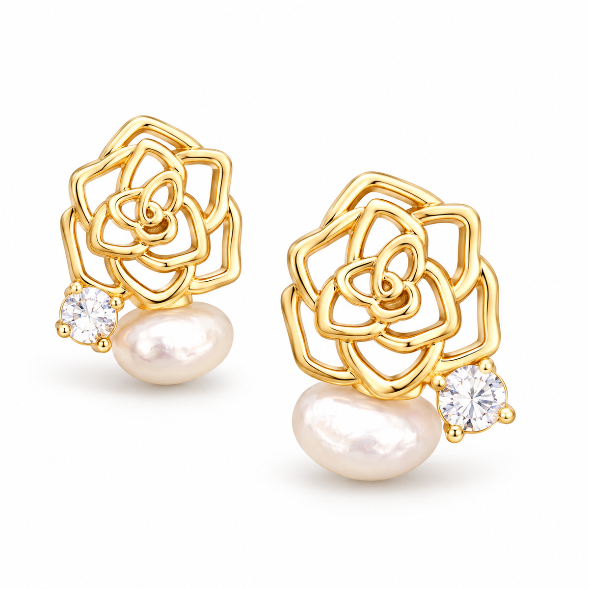 Gold Tone Rose Pearl Stud Earrings - single earring detail