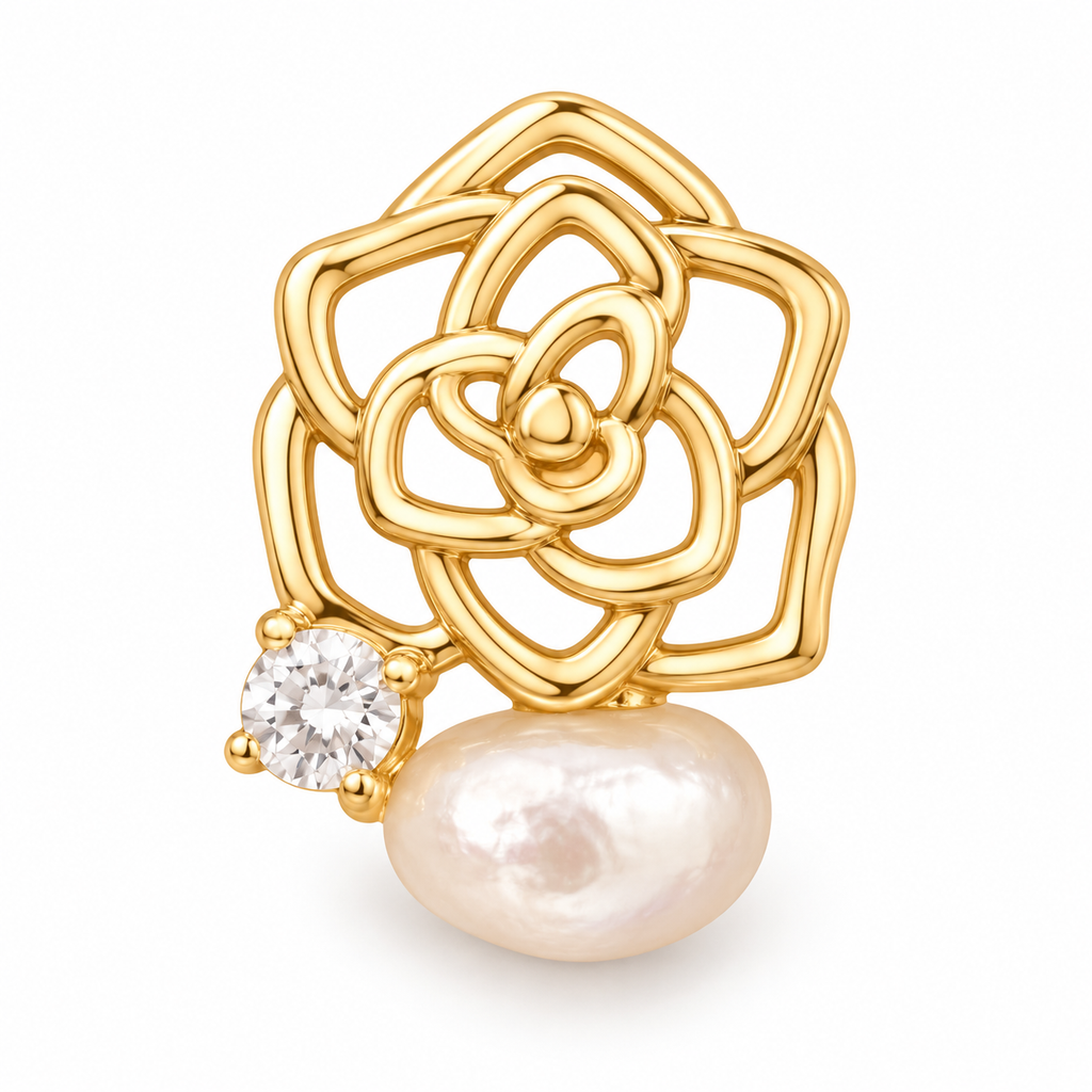 Gold Tone Rose Pearl Stud Earrings - close detail