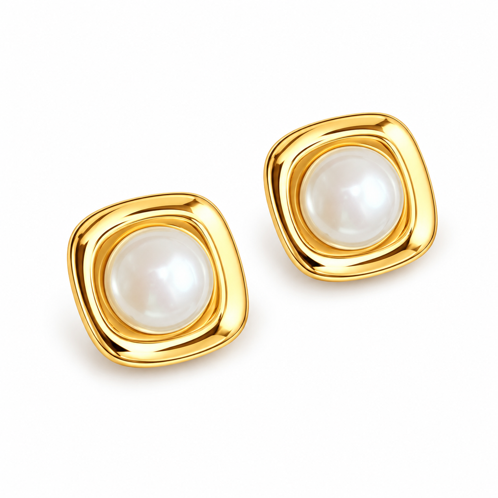 Gold Tone Square Pearl Stud Earrings - alternate view