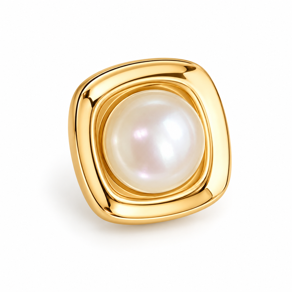 Gold Tone Square Pearl Stud Earrings - single earring detail