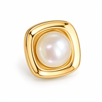 Gold Tone Square Pearl Stud Earrings - single earring detail